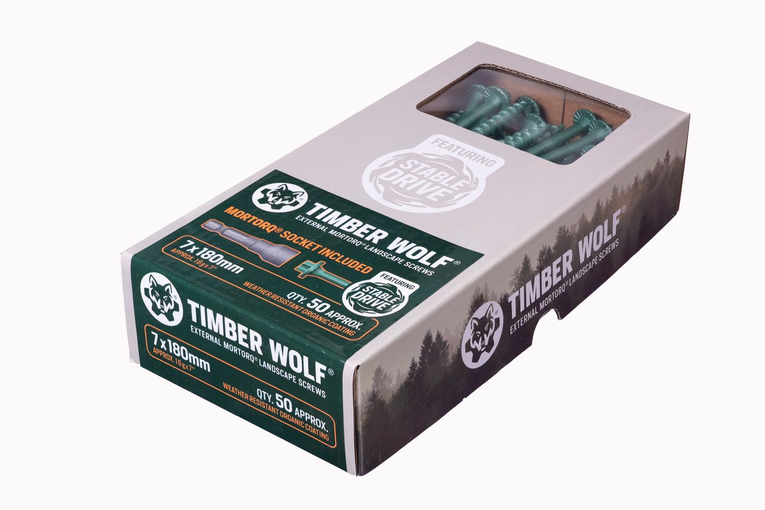 Heavy Duty Timber Wolf MORTORQ Landscaping Screws - 7.0 x 180mm Box 50 (Bit Included) (Recommended For Sleepers & Posts) Weather Resistant Green Coating