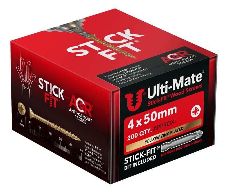 Ulti-mate High Performance Woodscrew PoziSquare Double Csk BZP&Y - (8g) 4mm x 50 (BOX OF 200) Stick-fit® Bit Included