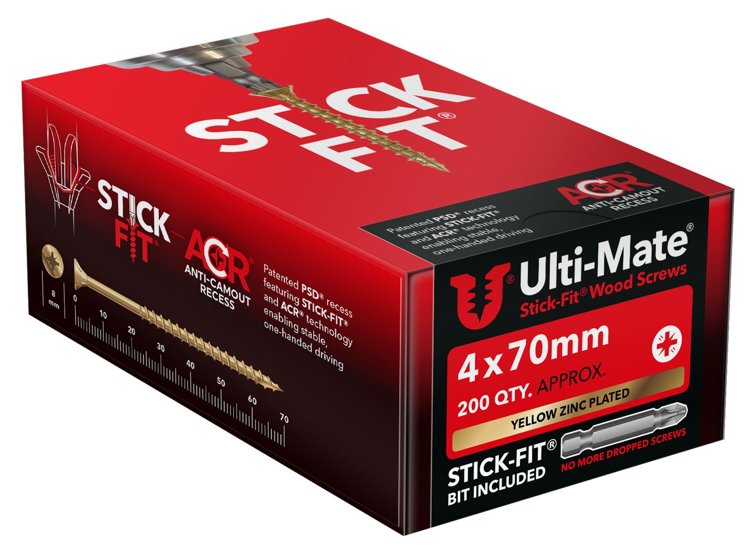 Ulti-mate High Performance Woodscrew PoziSquare Double Csk BZP&Y - (8g) 4mm x 70 (Box Of 200) Stick-fit® Bit Included