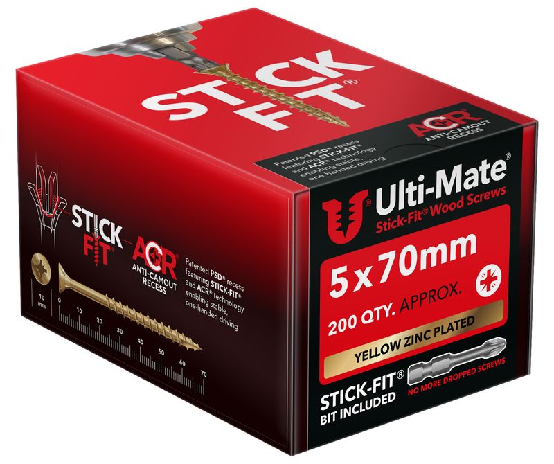 Ulti-mate High Performance Woodscrew PoziSquare Double Csk BZP&Y - (10g) 5mm x 70 (Box Of 200) Stick-fit® Bit Included