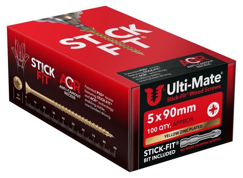 Ulti-mate High Performance Woodscrew PoziSquare Double Csk BZP&Y - (10g) 5mm x 90mm (Box Of 100) Stick-fit® Bit Included