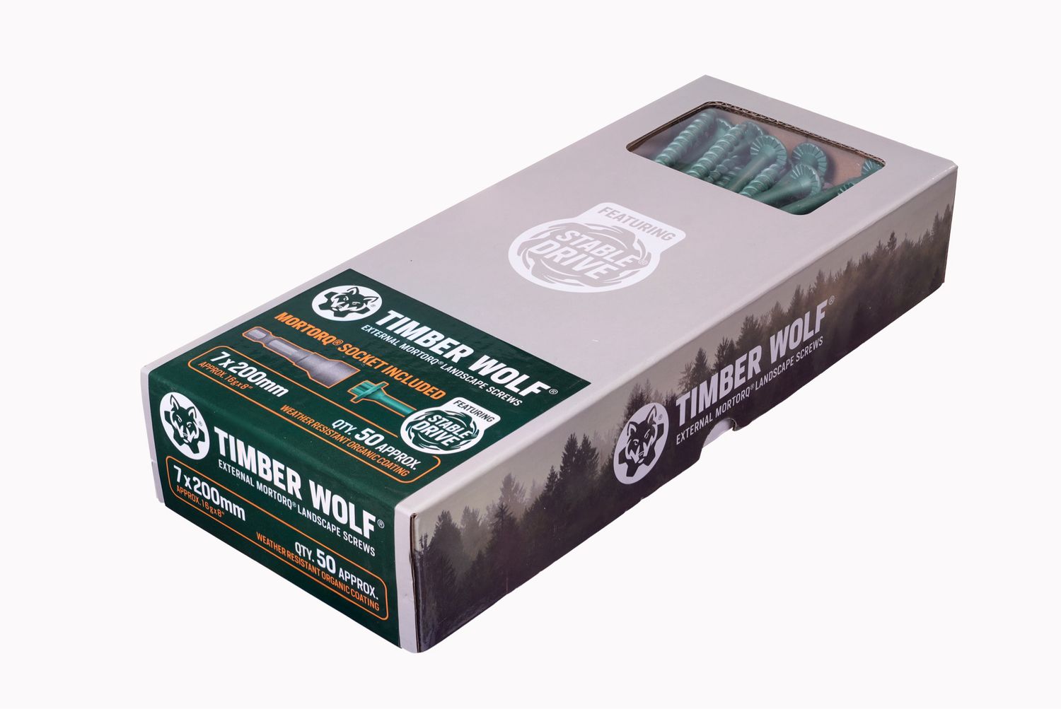 Heavy Duty Timber Wolf MORTORQ Landscaping Screws - 7.0 x 200mm Box 50 (Bit Included) (Recommended For Sleepers & Posts) Weather Resistant Green Coating