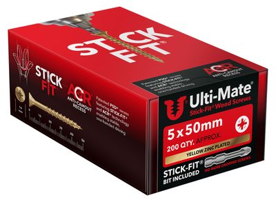 Ulti-mate High Performance Woodscrew PoziSquare Double Csk BZP&Y - (10g) 5mm x 50 (Box Of 200) Stick-fit® Bit Included