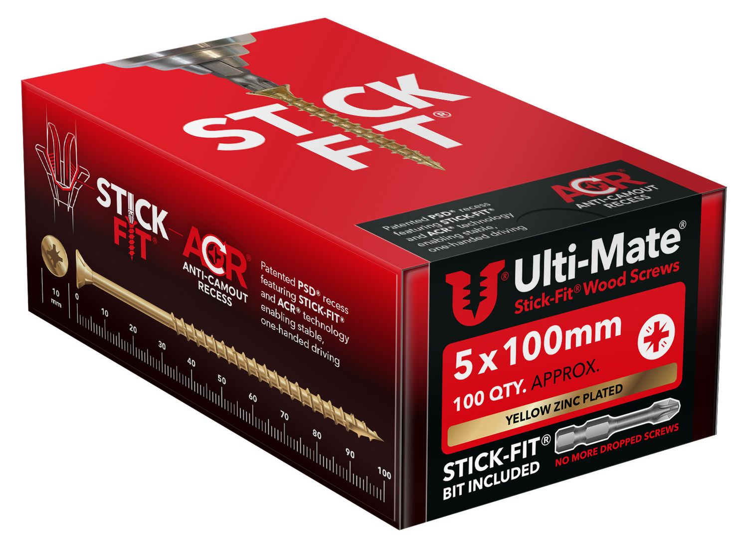 Ulti-mate High Performance Woodscrew PoziSquare Double Csk BZP&Y - (10g) 5mm x 100mm (Box Of 100) Stick-fit® Bit Included