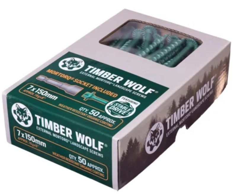 Heavy Duty Timber Wolf MORTORQ Landscaping Screws - 7.0 x 150mm Box 50 (Bit Included) (Recommended For Sleepers & Posts) Weather Resistant Green Coating Heavy Duty Timber Wolf MORTORQ Landscaping Screws - 7.0 x 150mm Box 50 (Bit Included) (Recommended For Sleepers & Posts) Weather Resistant Green Coating