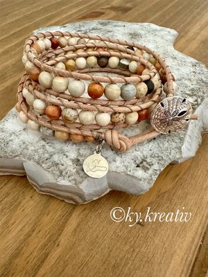 Caymanite 3-Wrap bracelet on natural leather w/6mm beads