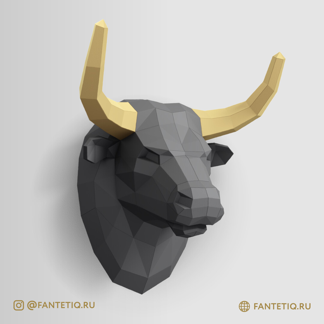 DIY 3D Bull Head Animal PaperCraft Building Kit Wall Mount - NO Scissors Needed