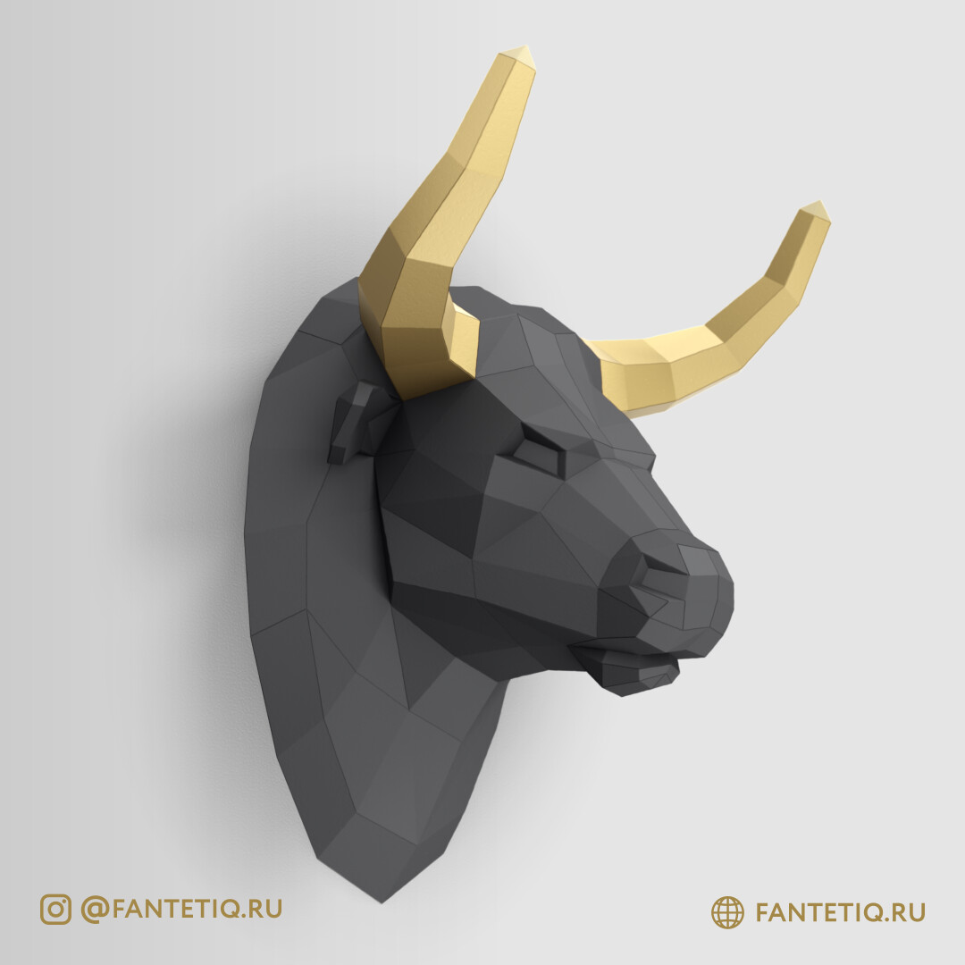 DIY 3D Bull Head Animal PaperCraft Building Kit Wall Mount - NO Scissors Needed