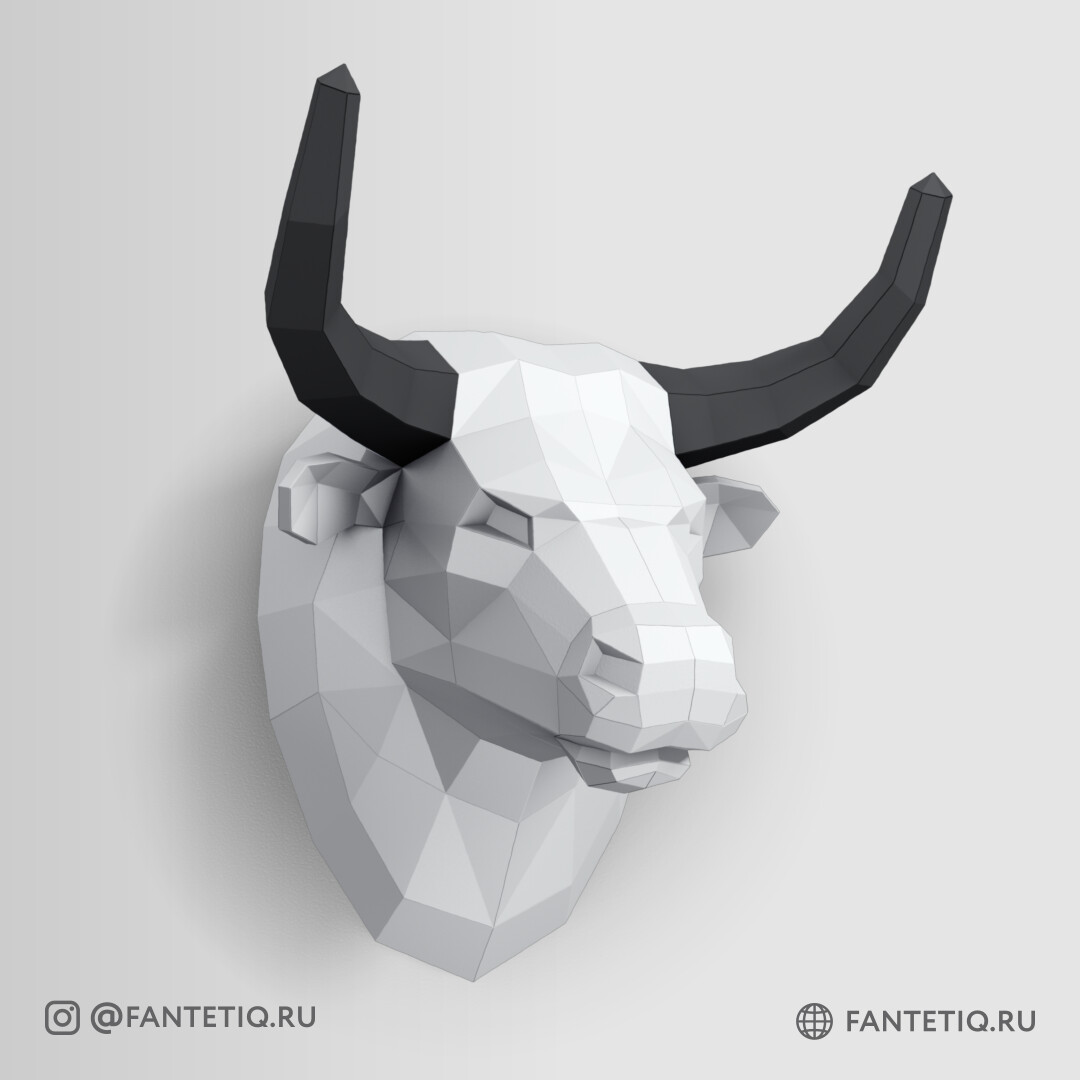 DIY 3D Bull Head Animal PaperCraft Building Kit Wall Mount - NO Scissors Needed