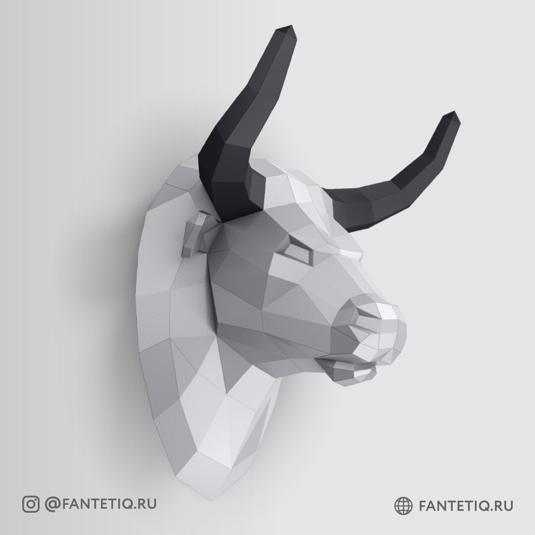 DIY 3D Bull Head Animal PaperCraft Building Kit Wall Mount - NO Scissors Needed