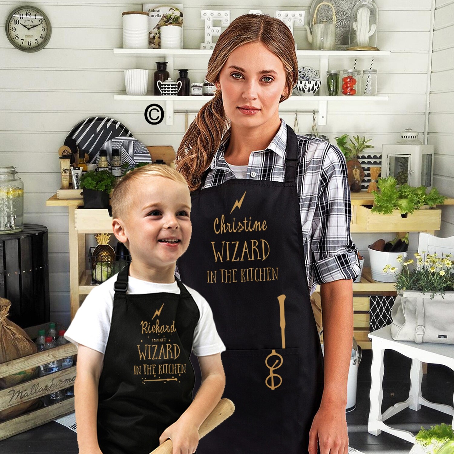 Personalized Wizard in the Kitchen Adult &amp; Child Apron Set.