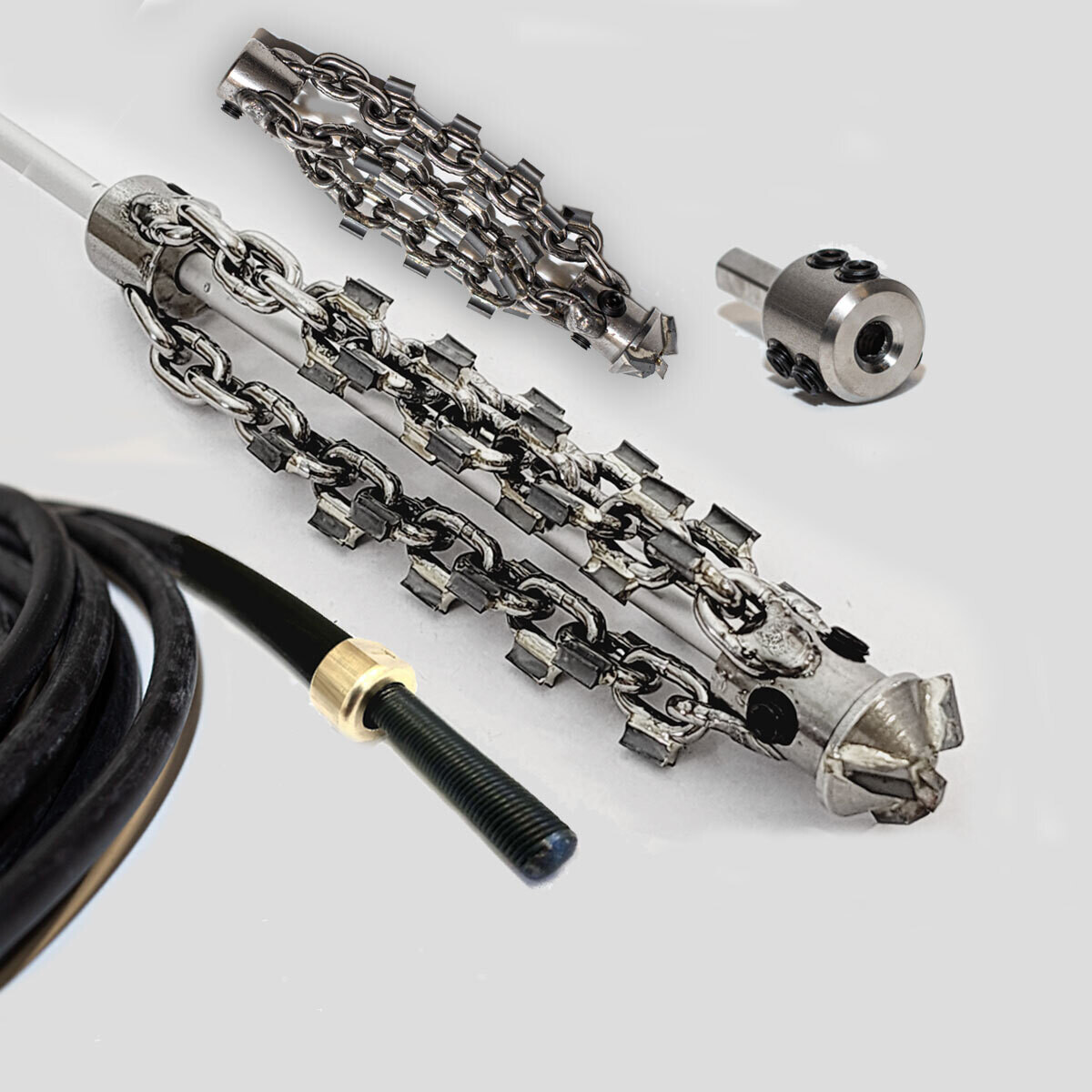 Steel drain chain with drill head and hard metal tips.