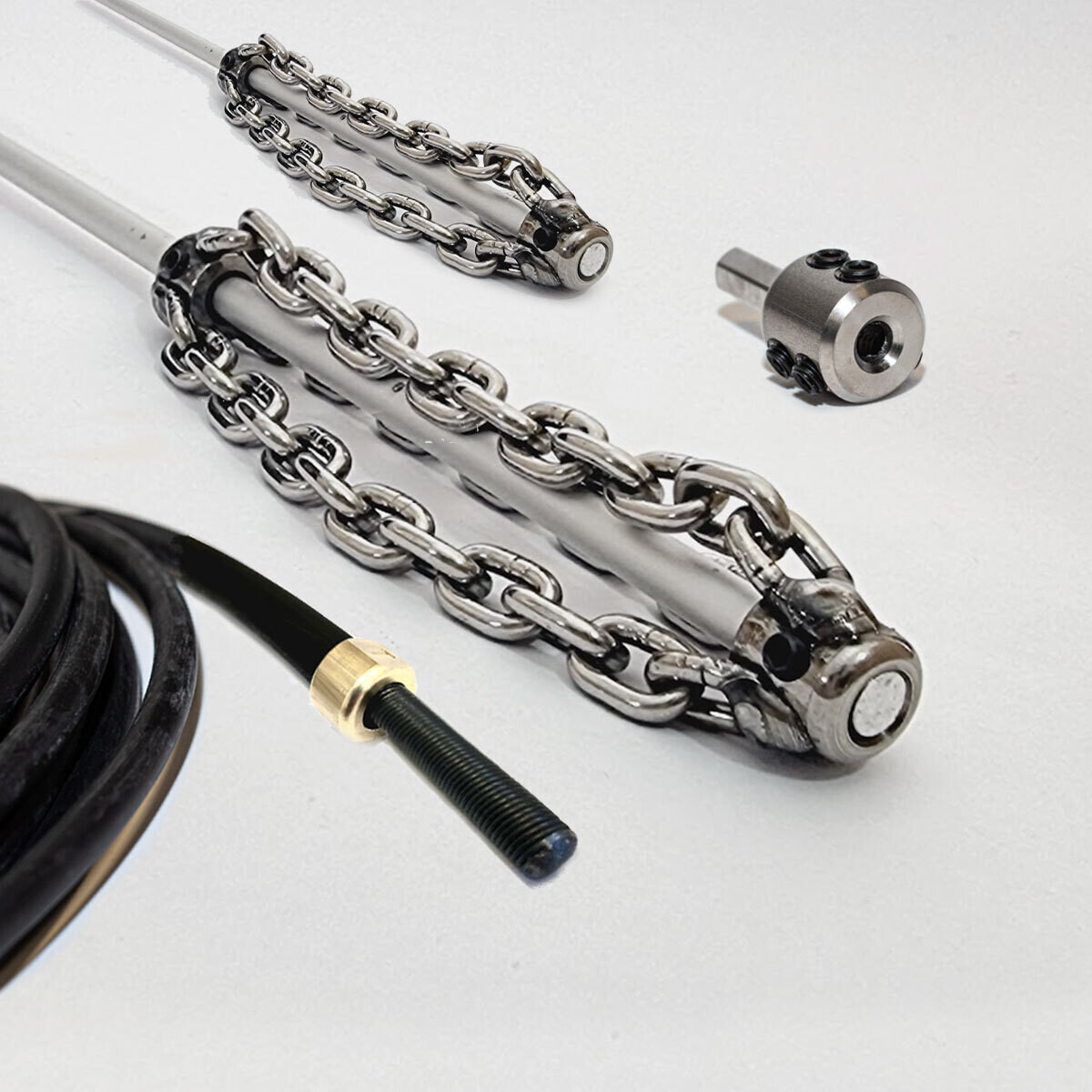 Stainless steel chain for dealing with blockages in high rise buildings.