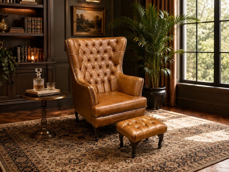 Footstool - Leather with Tufted Top