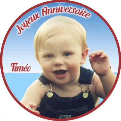 Photo sur gateau SUCRE ronde 20 cm , fond couleur et texte.