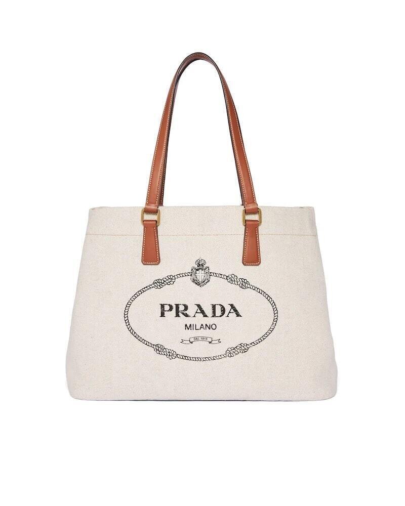 PRADA LINEN BLEND AND LEATHER TOTE