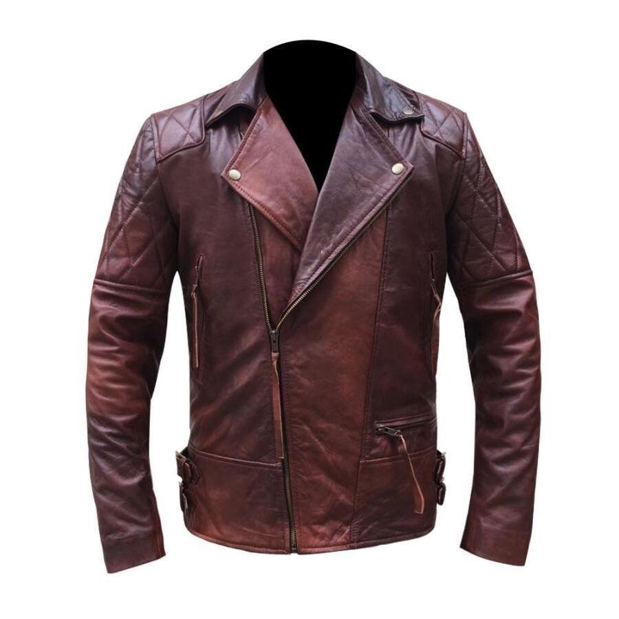 Authentic Red in Brown Shade Genuine Leather Cross Close Jacket