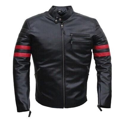 Black Cafe Racer Designer Red Striped Biker Genuine Leather Jacket