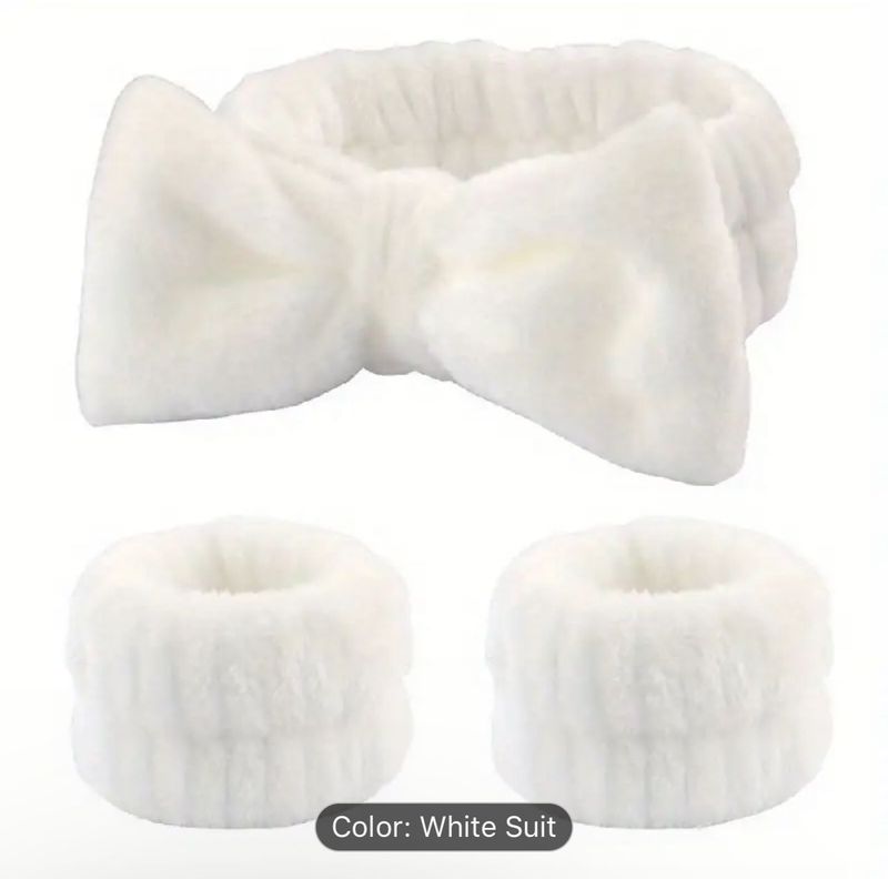 3 pc Spa Facial Headband and Wristband Set - White