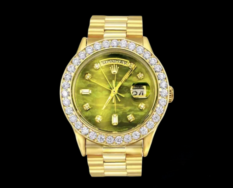 18K Gold Rolex Oyster Watch 3.65ct Green Snake Dial
