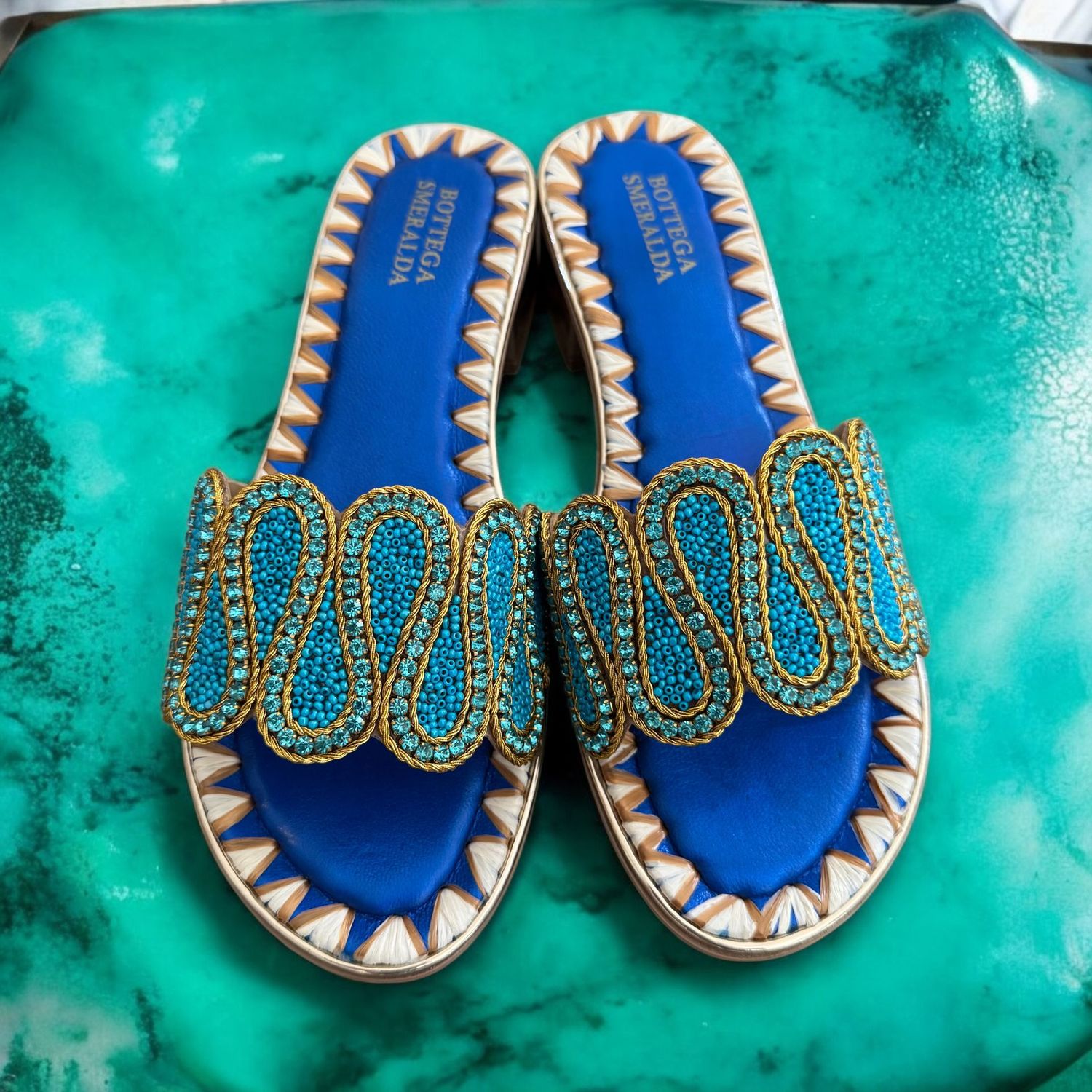 Sandalo Ondes fascia V rafia Blu-acqua-oro
