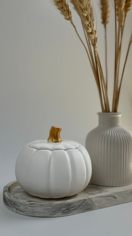 Set with pumpkin. Vase for dried flowers and candle on an oval stand