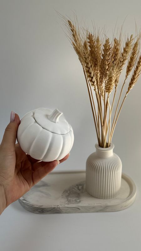 Set with pumpkin. Vase for dried flowers and candle on an oval stand