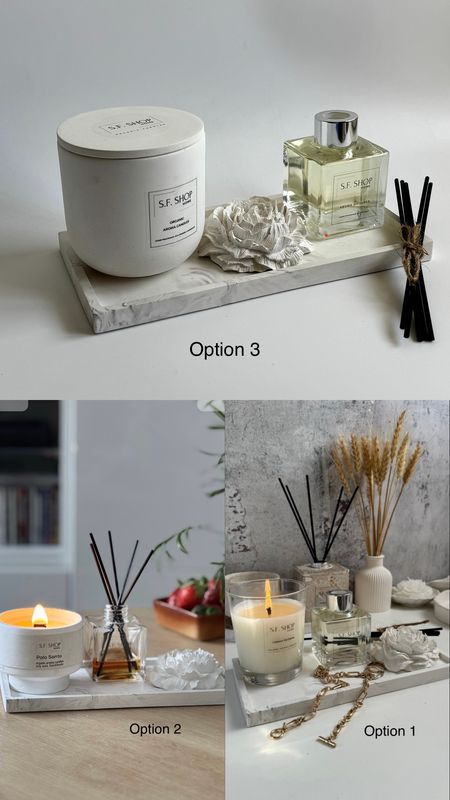 Set with decorative peony, candle and diffuser on a rectangular stand