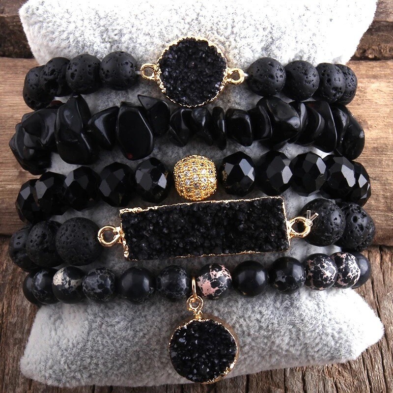 Black Lava Stone and Bead Bracelets