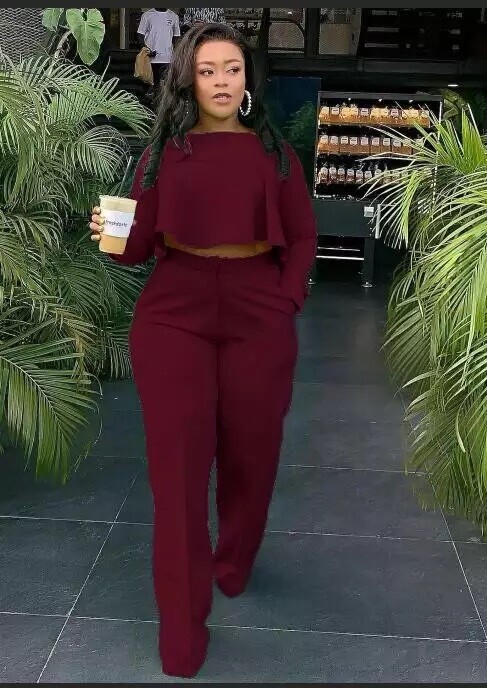 Wine Crop Top Pants Set