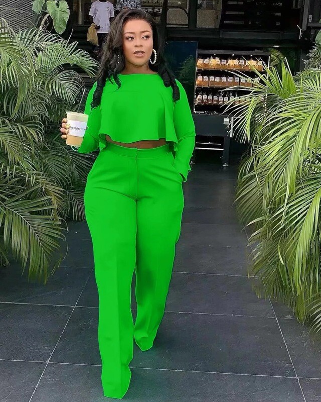 Spring Green Crop Top Pants Set