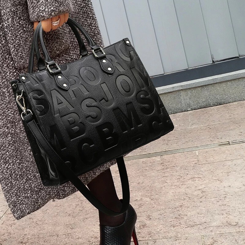 Ebony Black Genuine Leather ABC Handbag