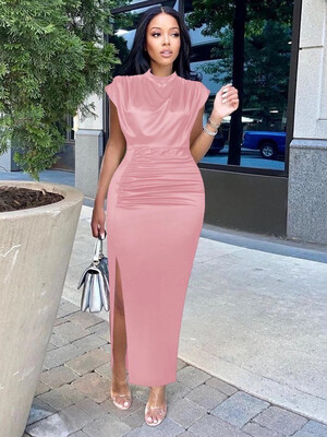 Blush Pink Satin Ruched Dress