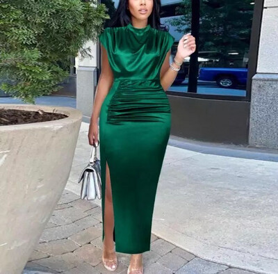 Emerald Jade Satin Ruched Dress