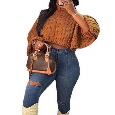 Toffee Brown Turtleneck Crop Sweater
