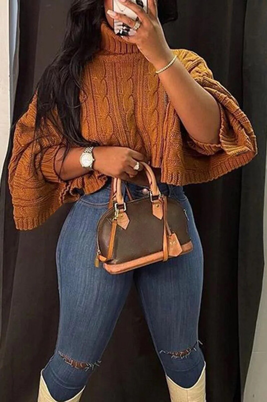 Toffee Brown Turtleneck Crop Sweater