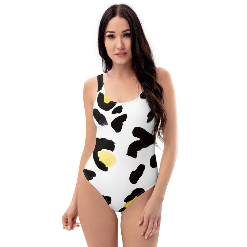 Leopard Yellow One-Piece Swimsuit, Size: XS