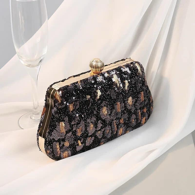Black Leopard Sequins Clutch