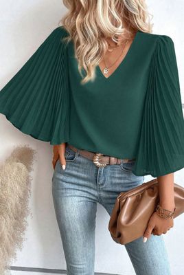 Hunter Green Pleated Sleeve Blouse