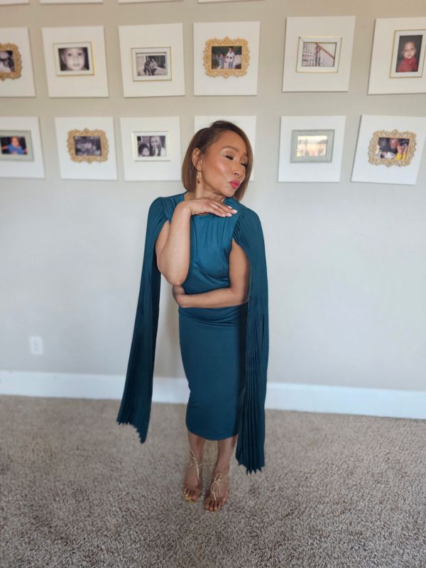 Teal Dramatic Pleated Sleeve Midis