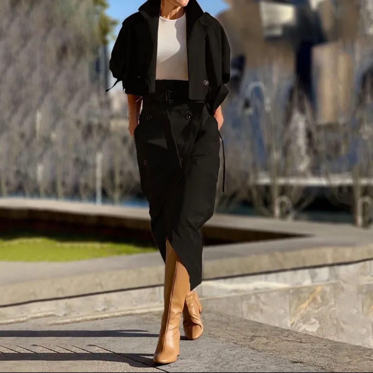 Black Cropped 2 Piece Skirt Set