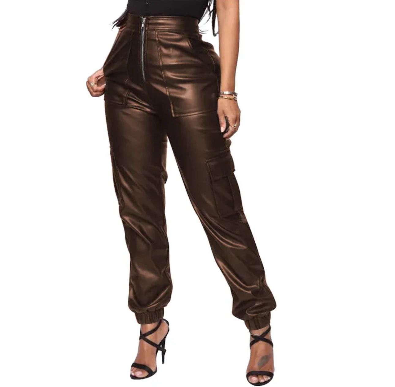 Coffee Bean Brown Faux Leather Cargo Pants