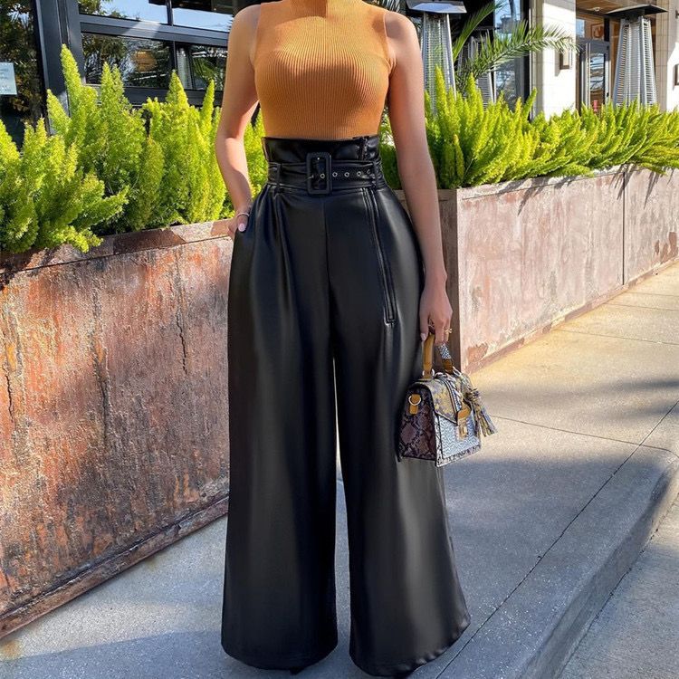 Black Faux Wide Leather Pants