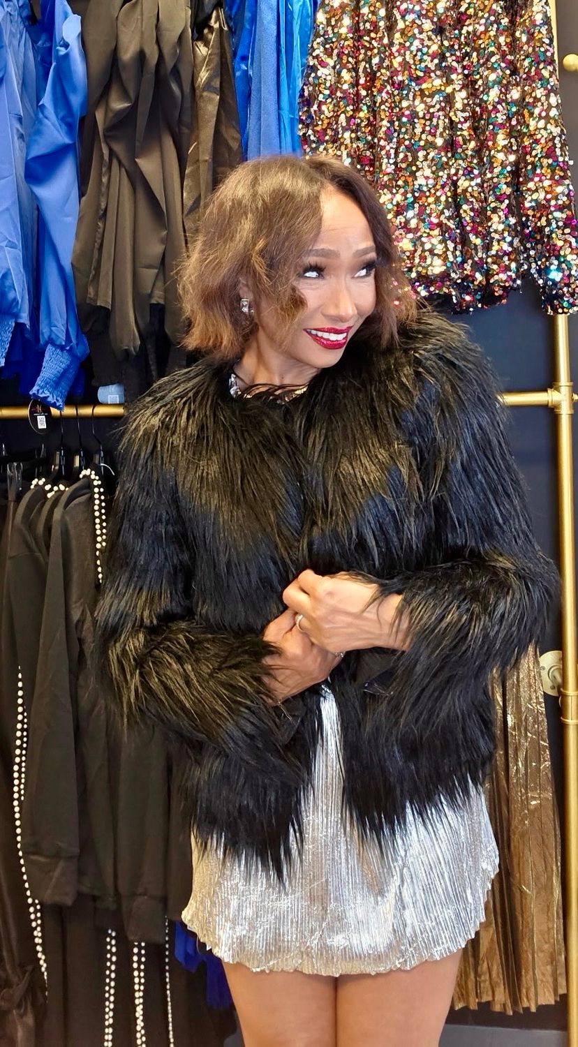 Black Shaggy Faux Fur Coat
