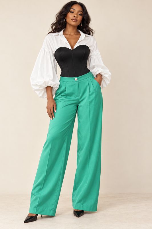 Aquamarine Stone Satin Wide-legged Trousers