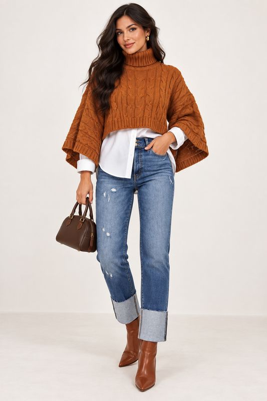 Toffee Brown Turtleneck Crop Sweater