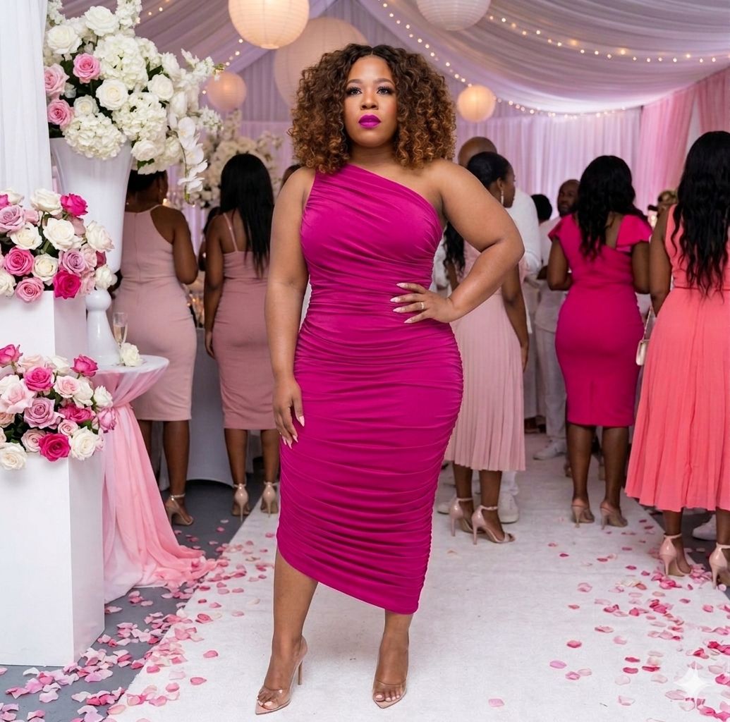 Fuchsia Ruched One Shoulder Midi