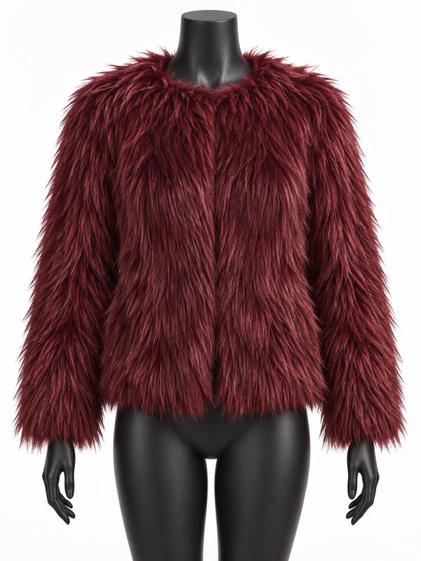 Burgundy Shaggy Faux Fur Coat