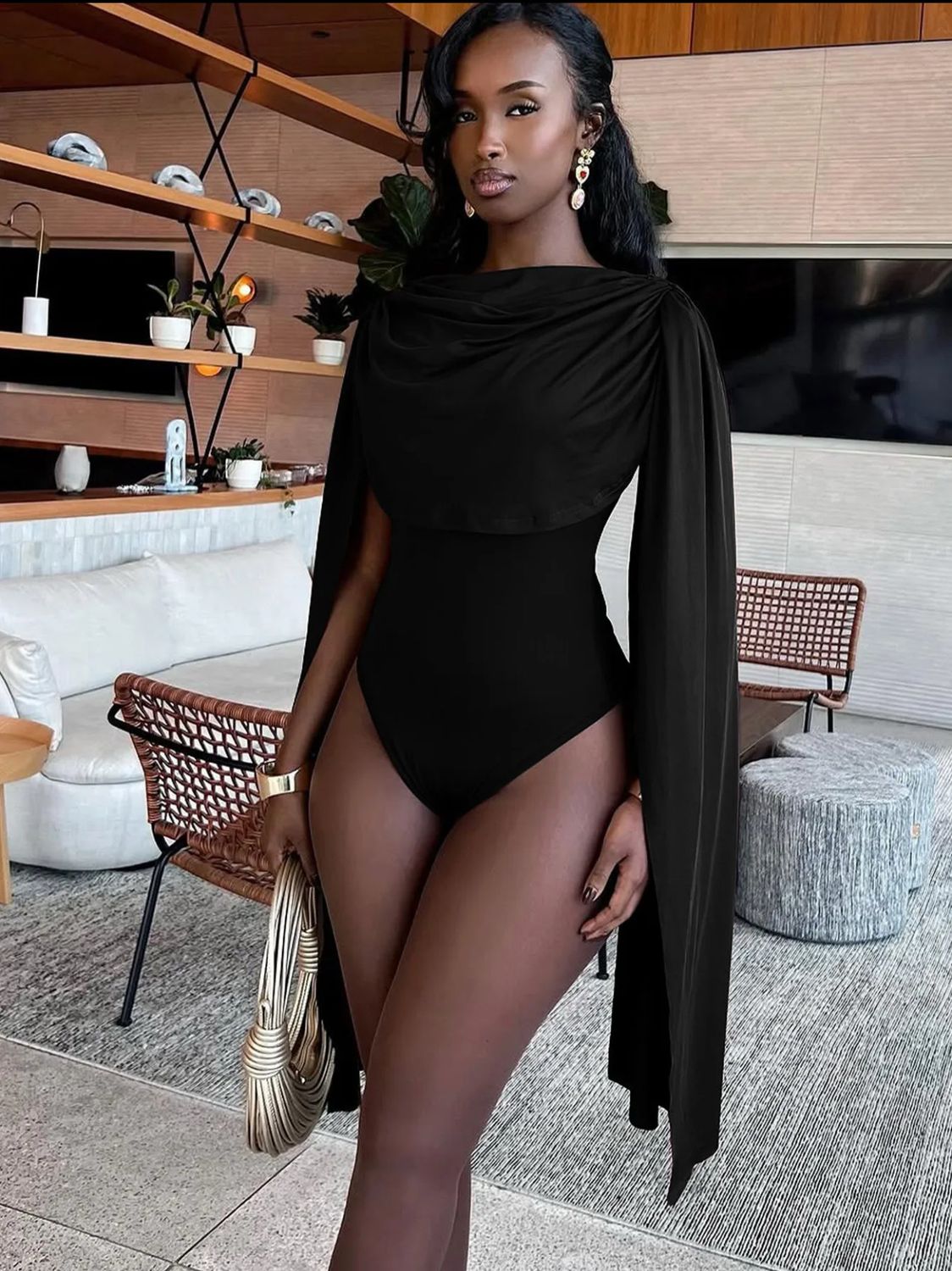 Black Cape Sleeve Bodysuit
