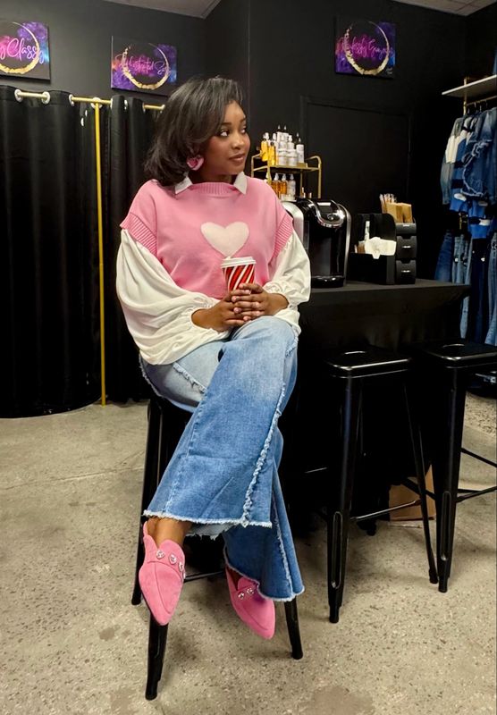 Pink Heart Cap Sleeve Sweater